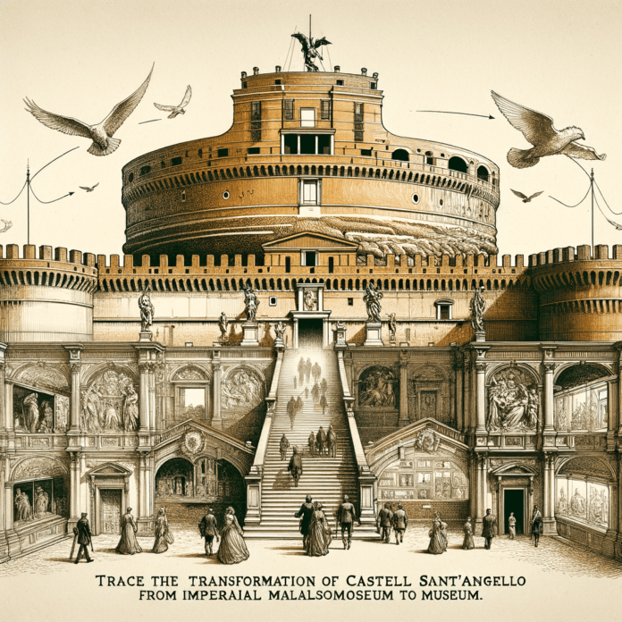 "Castel Sant'Angelo: Da Mausoleo a Museo" Ripercorri la trasformazione di Castel Sant'Angelo da mausoleo imperiale a museo, esplorando la sua architettura e le collezioni d'arte che raccontano la storia di Roma. "Castel Sant'Angelo: Da Mausoleo a Museo" Ripercorri la trasformazione di Castel Sant'Angelo da mausoleo imperiale a museo, esplorando la sua architettura e le collezioni d'arte che raccontano la storia di Roma.